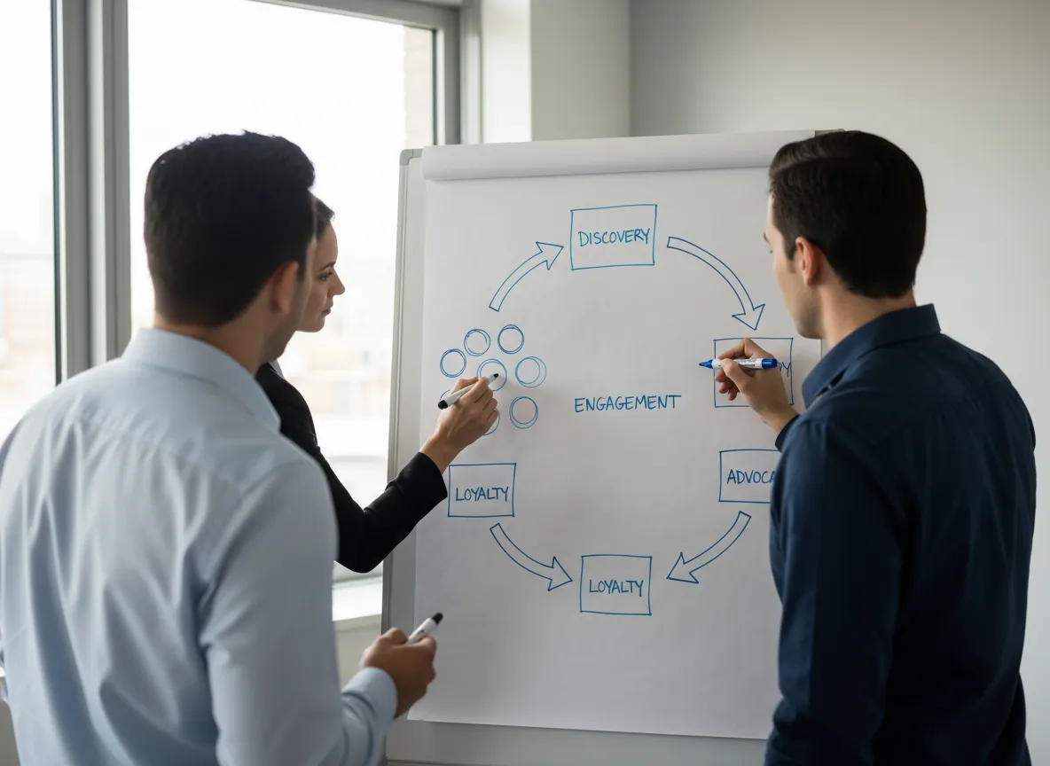 Strategic mapping of podcast listener journey on a whiteboard in a meeting