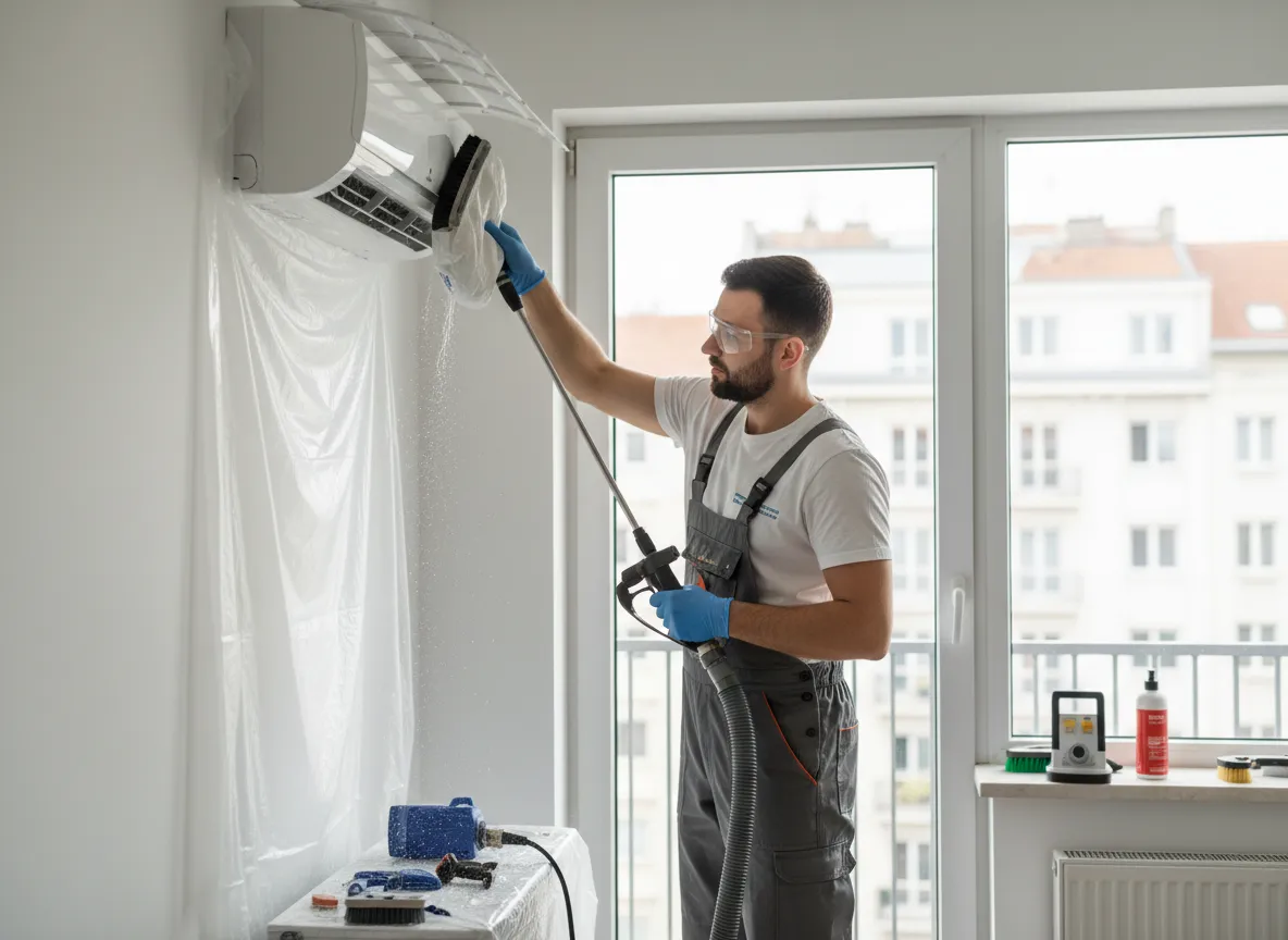 Klímaszerelő klímatisztítást végez budapesti lakás beltéri egységén