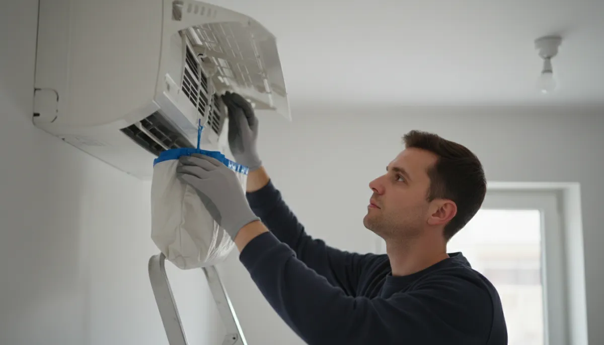 Klímaszerelő ellenőrzi a budapesti lakás klímaberendezését karbantartás közben