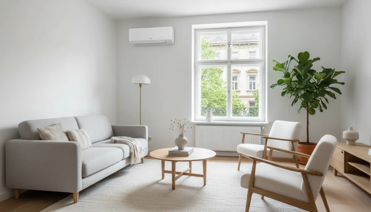 Tiszta, modern budapesti nappali falra szerelt klímával