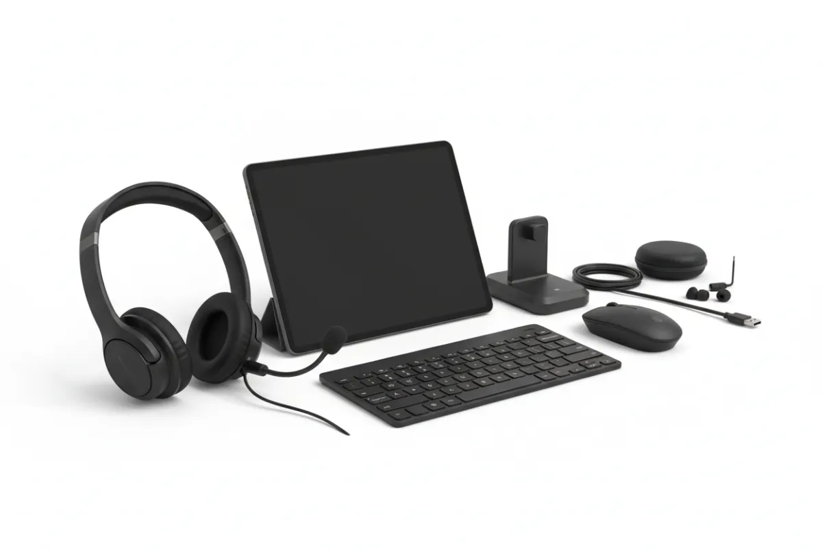 Headset and tablet bundle for remote reps on a white background.