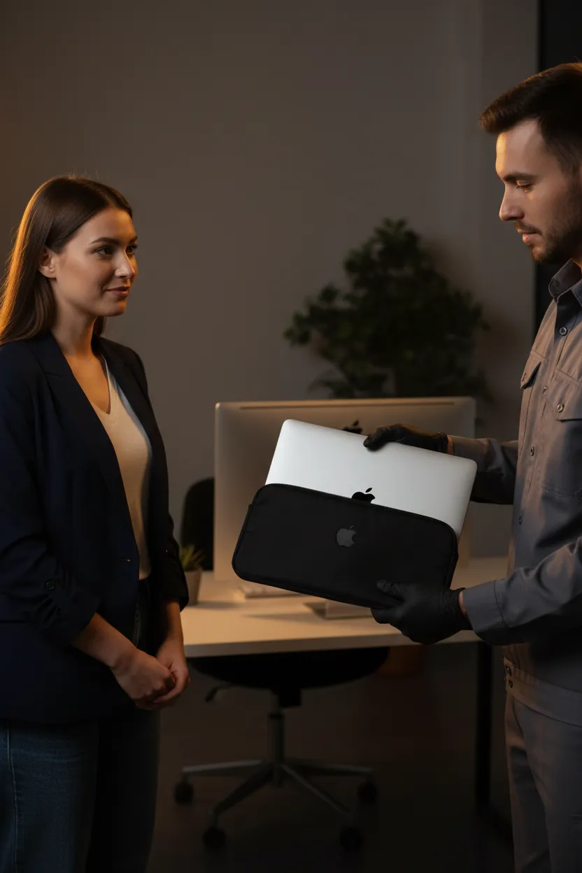 Technician unpacking a leased MacBook for a small business owner in a professional environment