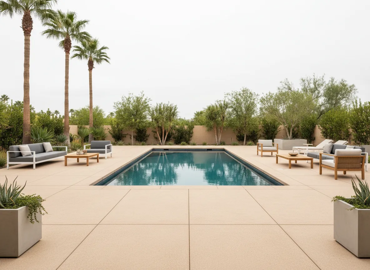 Concrete pool surround with modern outdoor furniture