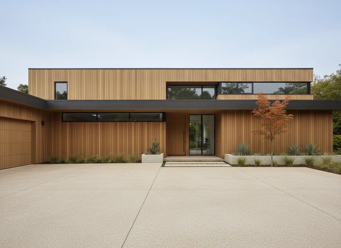 Polished concrete driveway in front of a modern home