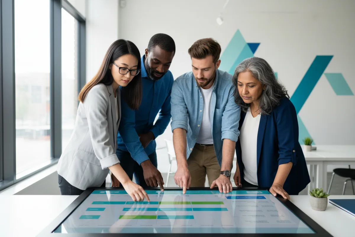 A diverse team of small business owners reviewing a digital appointment booking interface in a modern, sunlit office. The group includes men and women of various ages and ethnicities, all focused and engaged. The background features subtle branding elements in blue and teal, with a 3:2 aspect ratio.