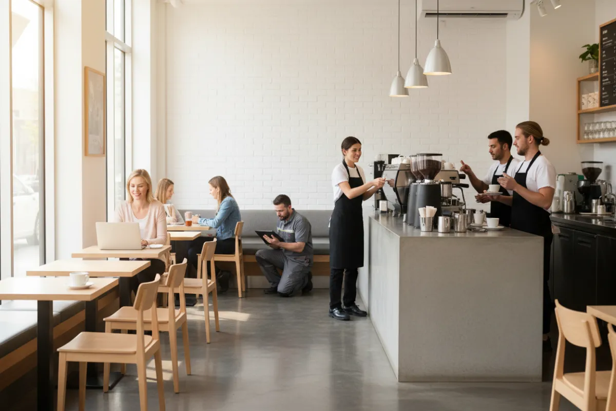A bustling café interior with staff interacting efficiently, clean modern décor, and a visible maintenance technician in uniform performing a quick check. The scene is lively, with customers enjoying the space. 3:2 aspect ratio.