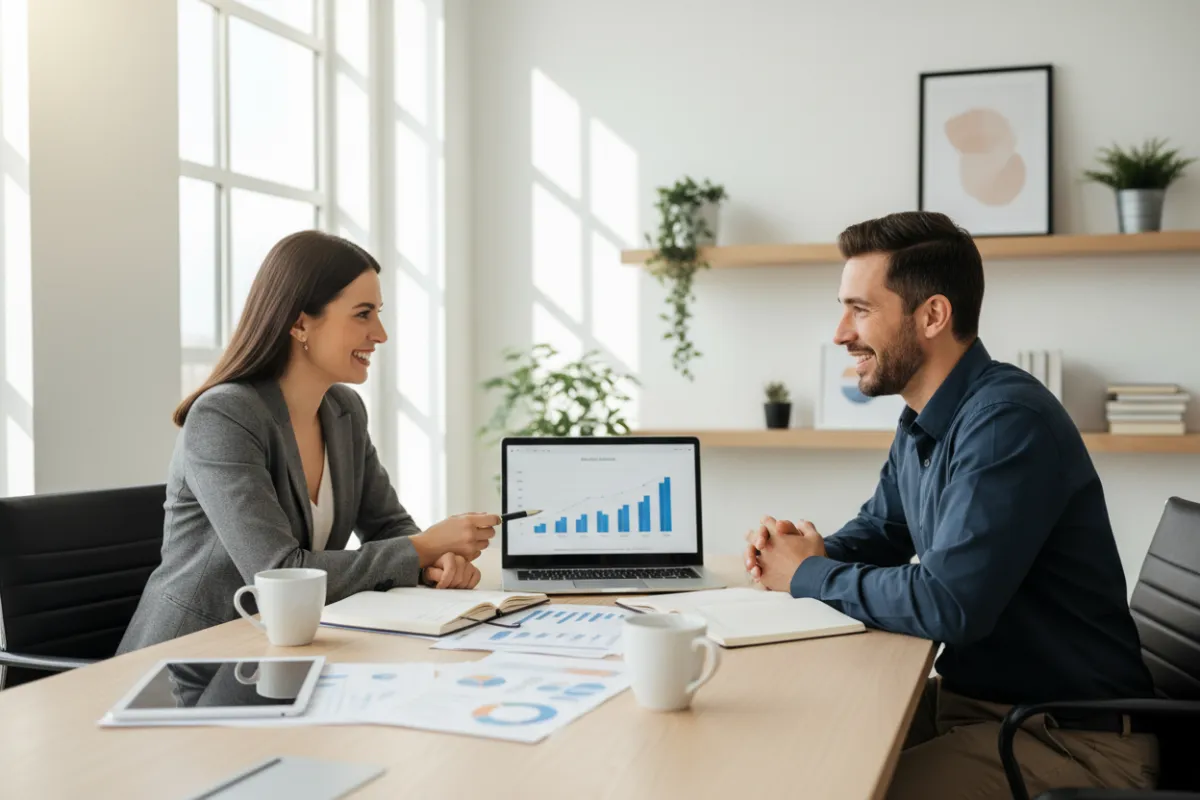 A professional business consultant speaking with a small business owner in a bright, organized workspace. Both are smiling and engaged in conversation, with documents and a laptop on the table. The setting is modern and welcoming. 3:2 aspect ratio.