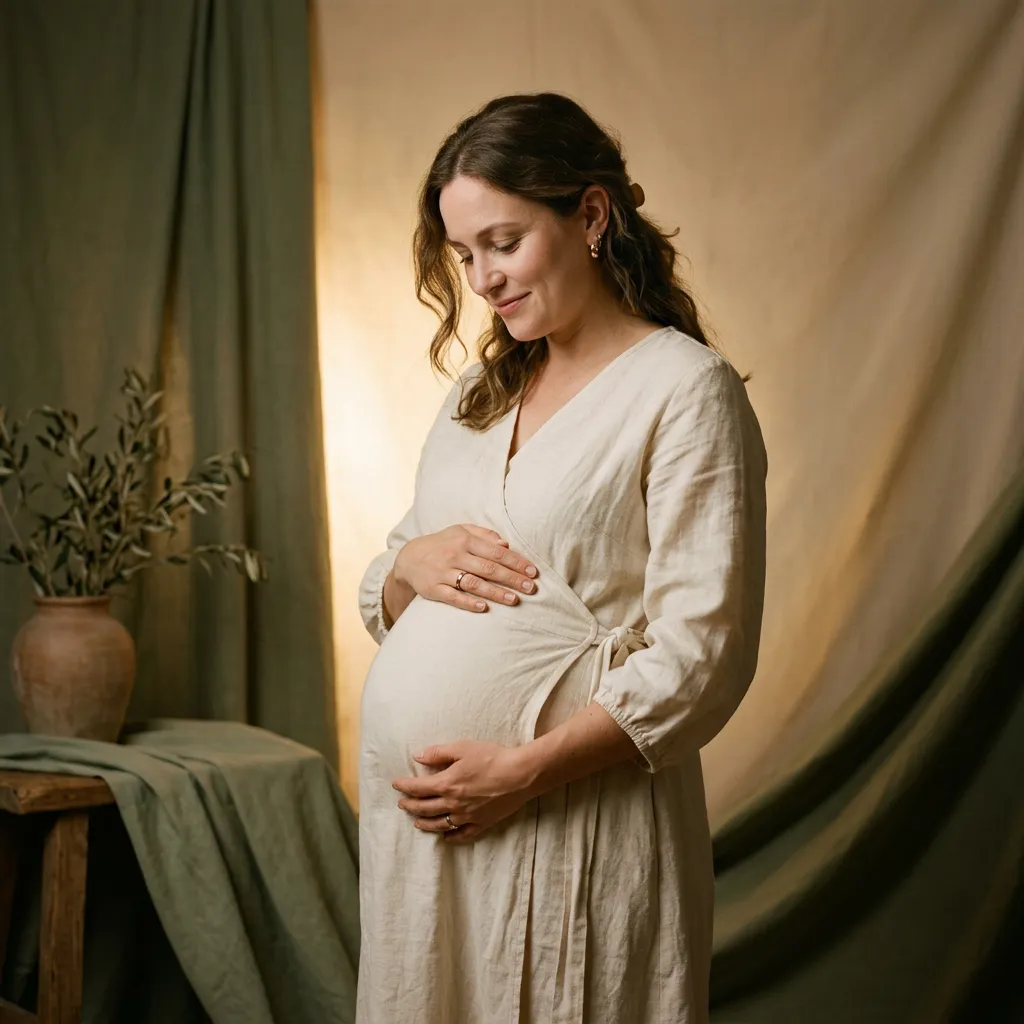 Customer portrait of Grace embracing her baby bump