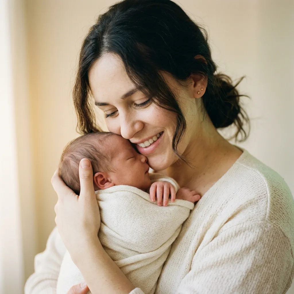 Customer portrait of Charlotte holding her newborn baby Isla