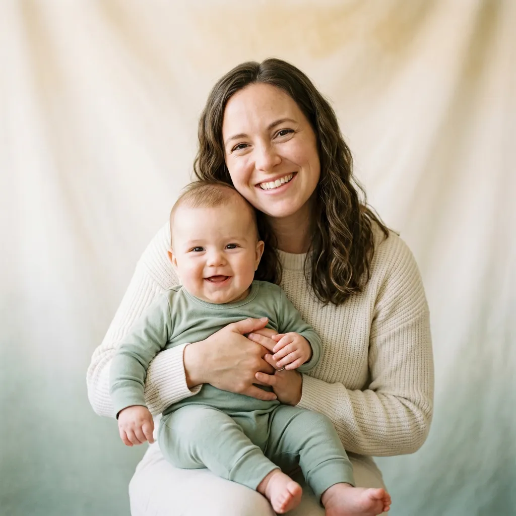 Customer portrait of Rebecca smiling with baby Leo