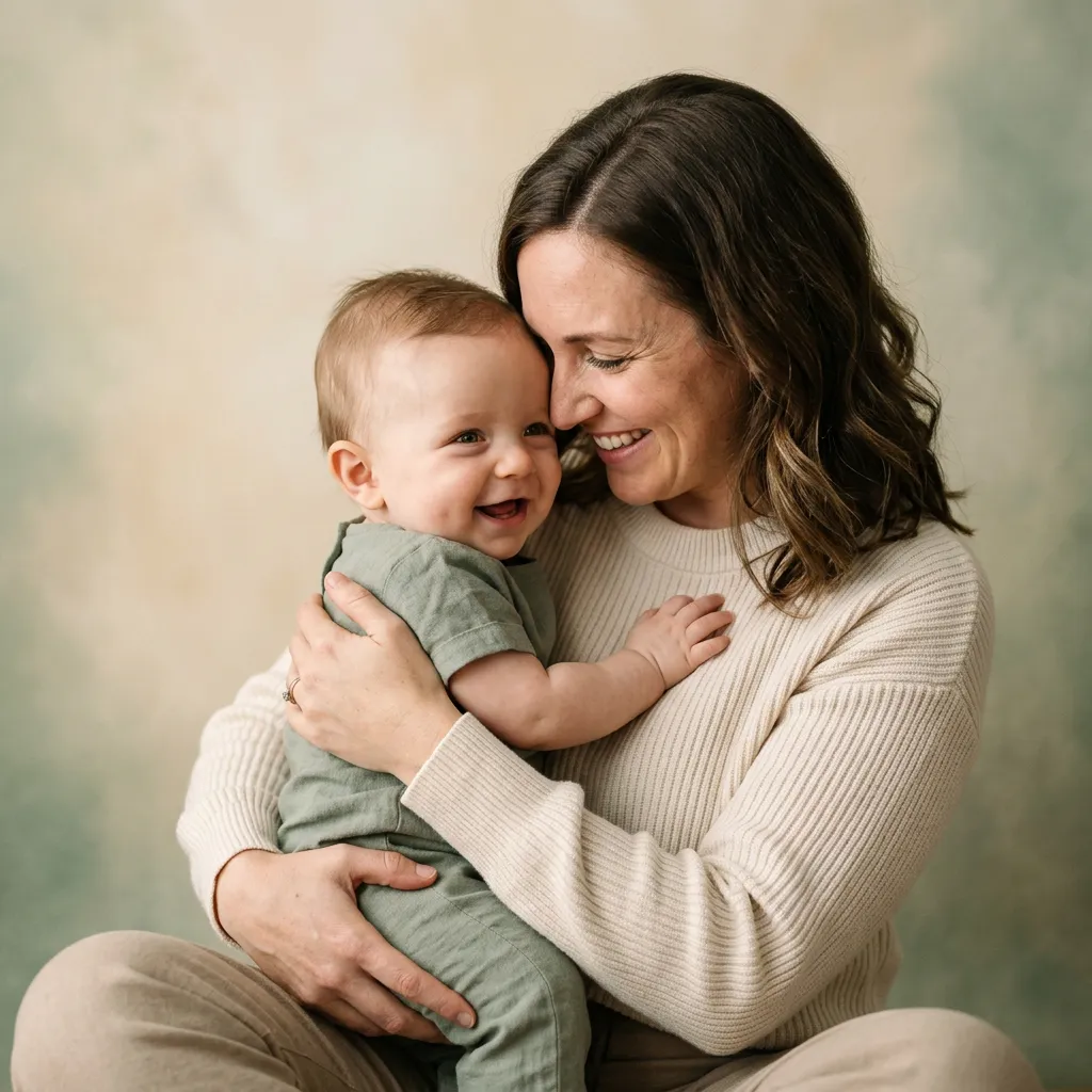 Customer portrait of Hannah smiling with her baby boy George
