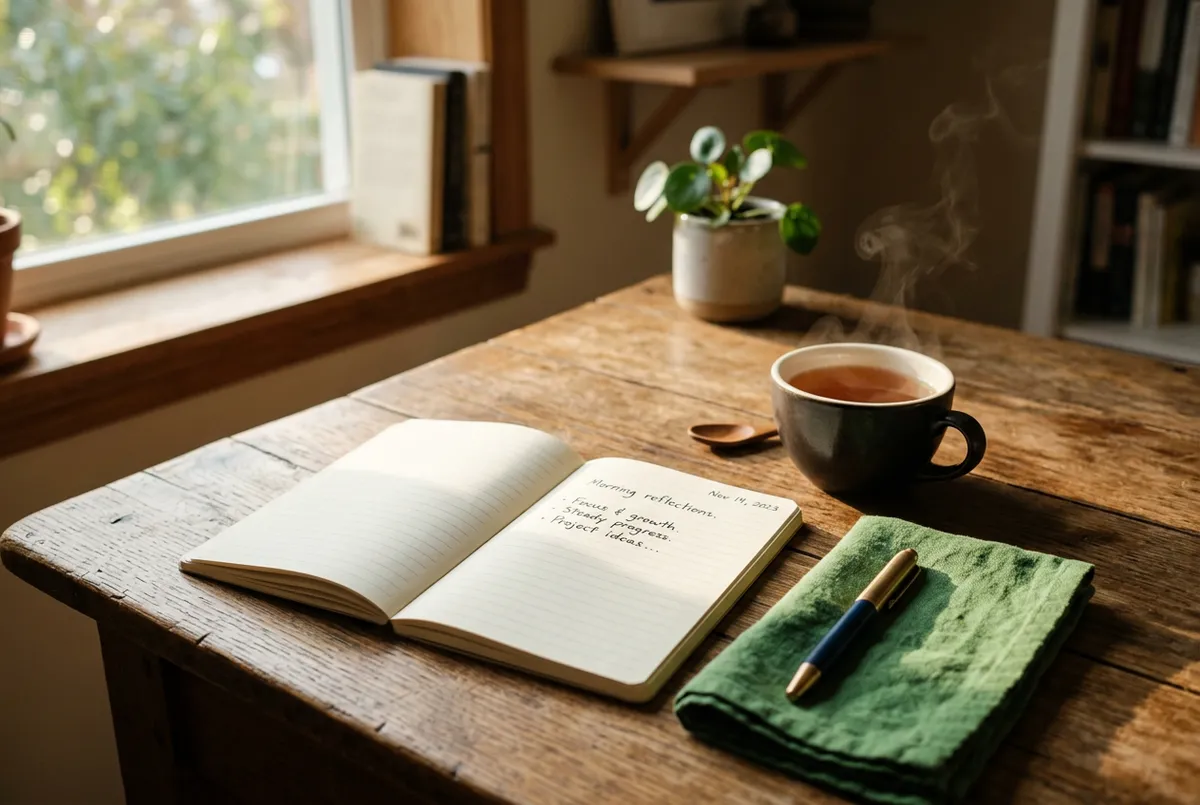 Warm natural light illuminating a calm workspace with open notebook and tea