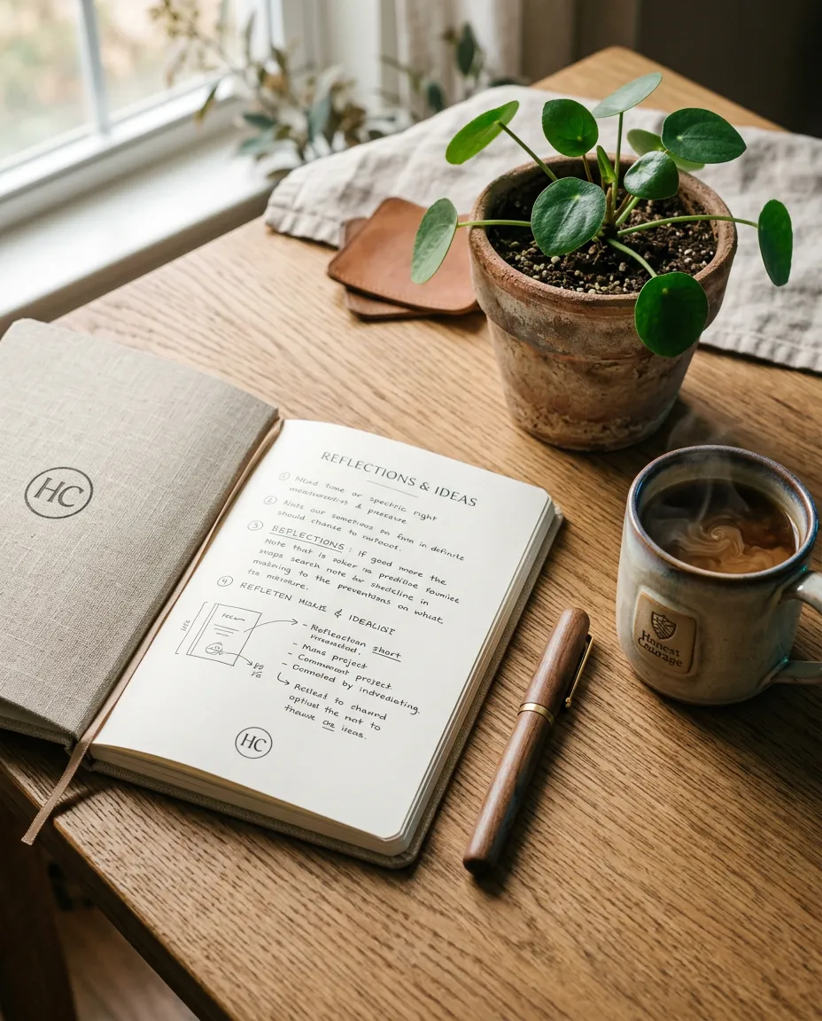 Calm wooden workspace with an open linen journal, ceramic mug, and soft natural morning light