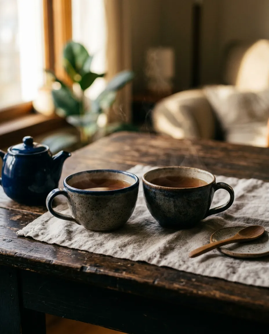 Quiet reflective moment with morning light and warm tea on a wooden table