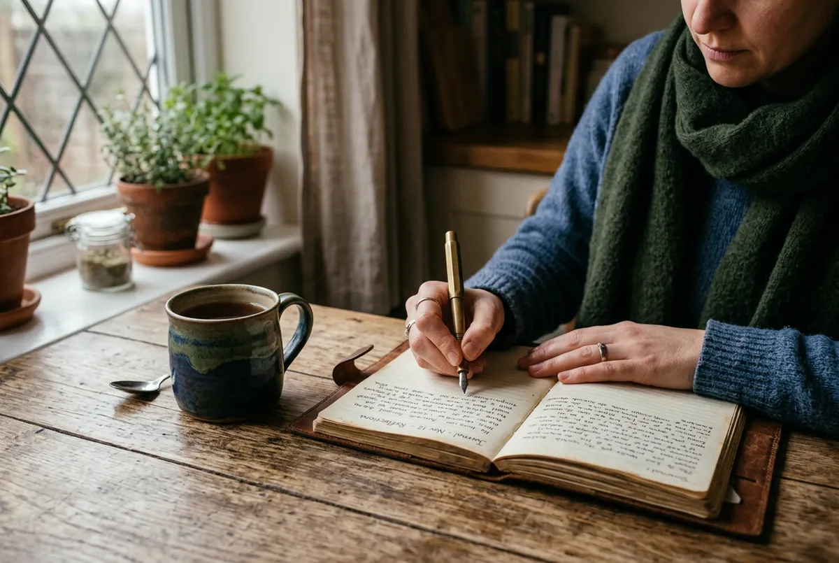 Close perspective of someone writing quietly at a wooden kitchen table