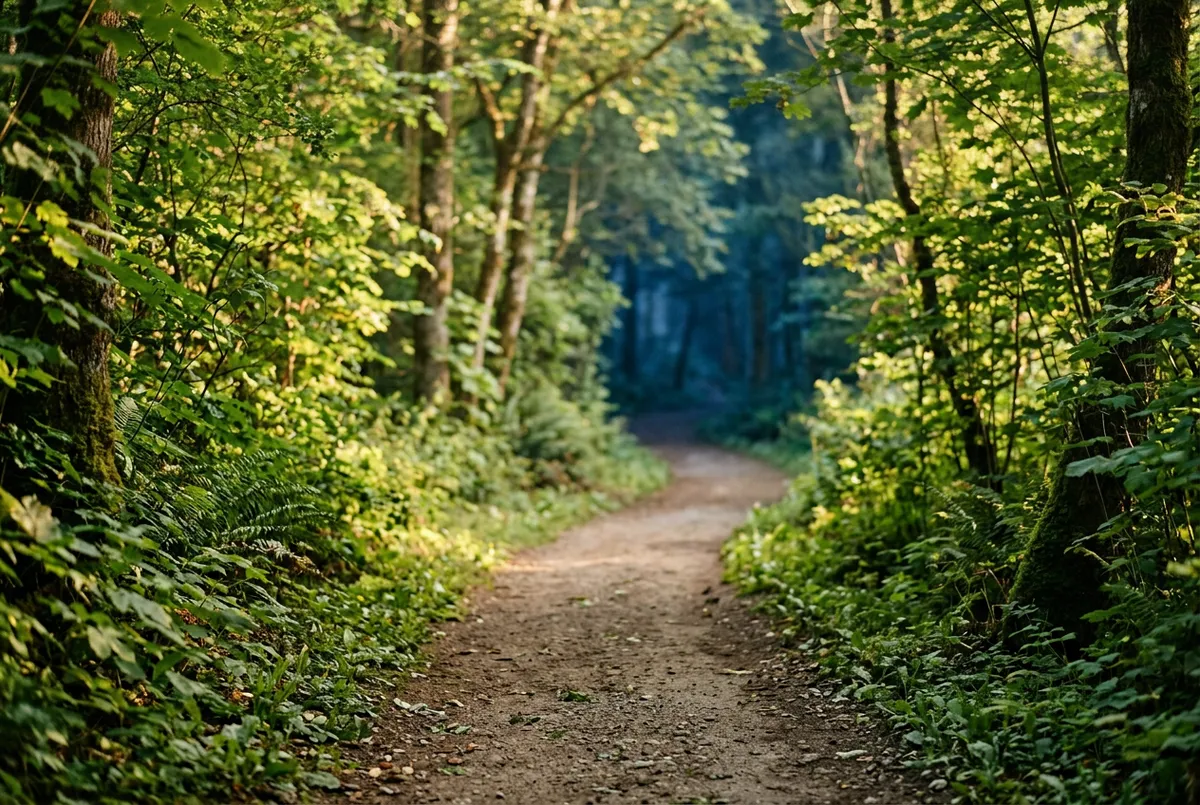 Quiet natural pathway surrounded by grounding greenery and soft early sun