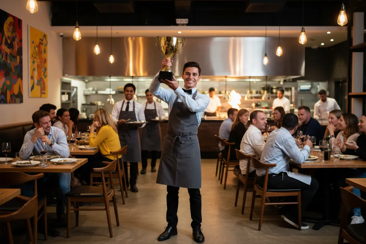 Young restaurant server in modern uniform holding a golden trophy, smiling confidently in a vibrant, bustling restaurant setting with diverse staff and customers in the background. The scene is lively, colorful, and energetic, capturing the spirit of achievement and recognition.