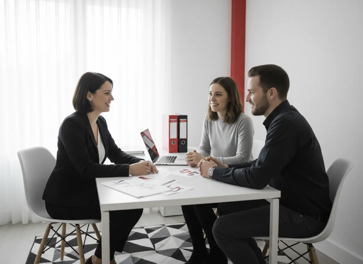 Clean modern photo of a mortgage professional reviewing home loan options with clients