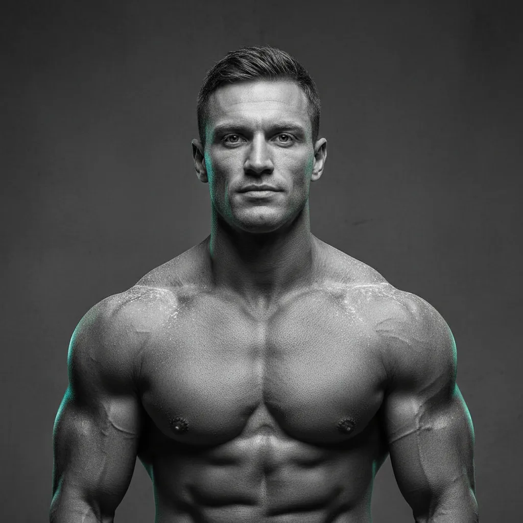 Desaturated high contrast portrait of bodybuilder Elias K.