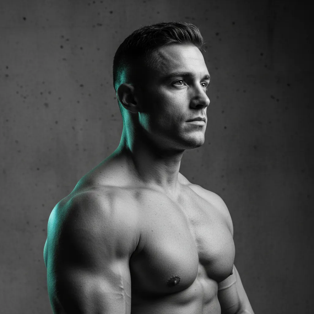 Desaturated high contrast portrait of bodybuilder David R.