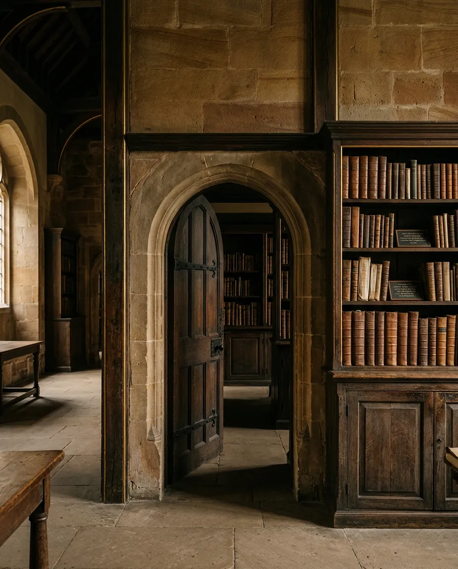Architectural doorway and refined archival library representing historical foundations and ancestral lineage