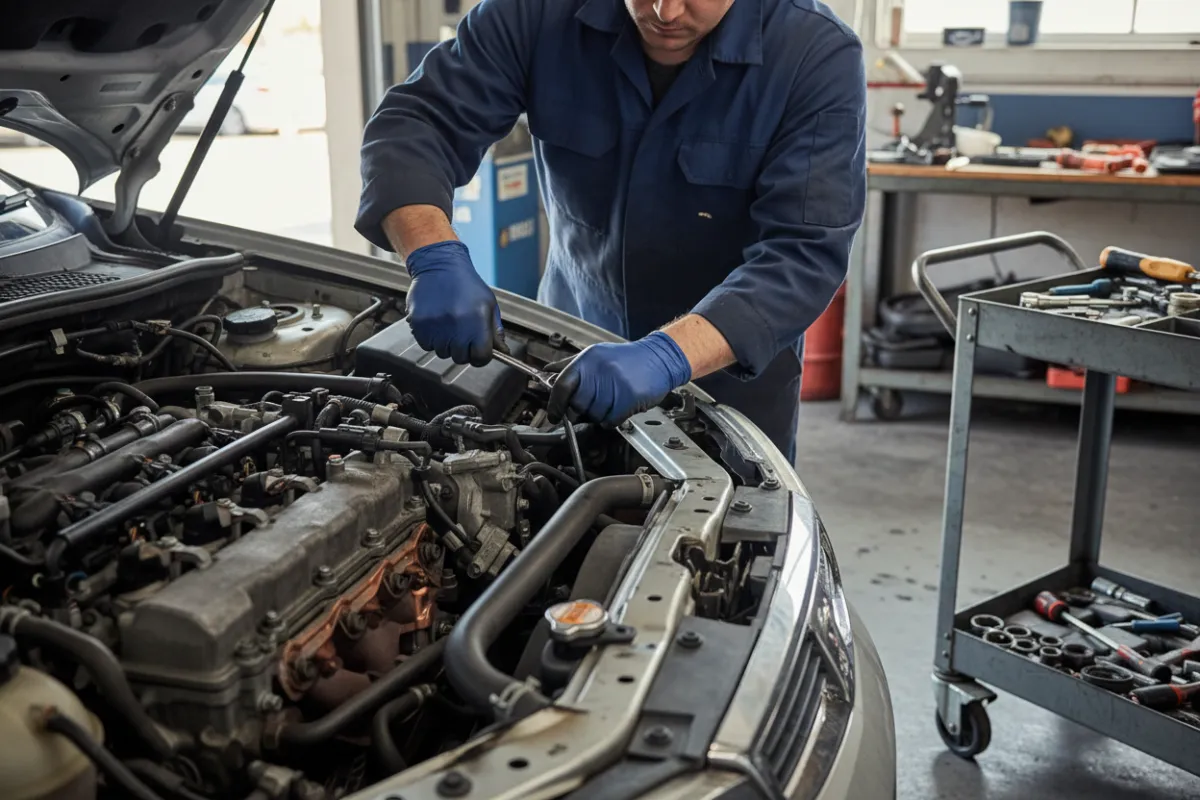 A mechanic kneeling beside a car in an Australian workshop, phone ringing on bench