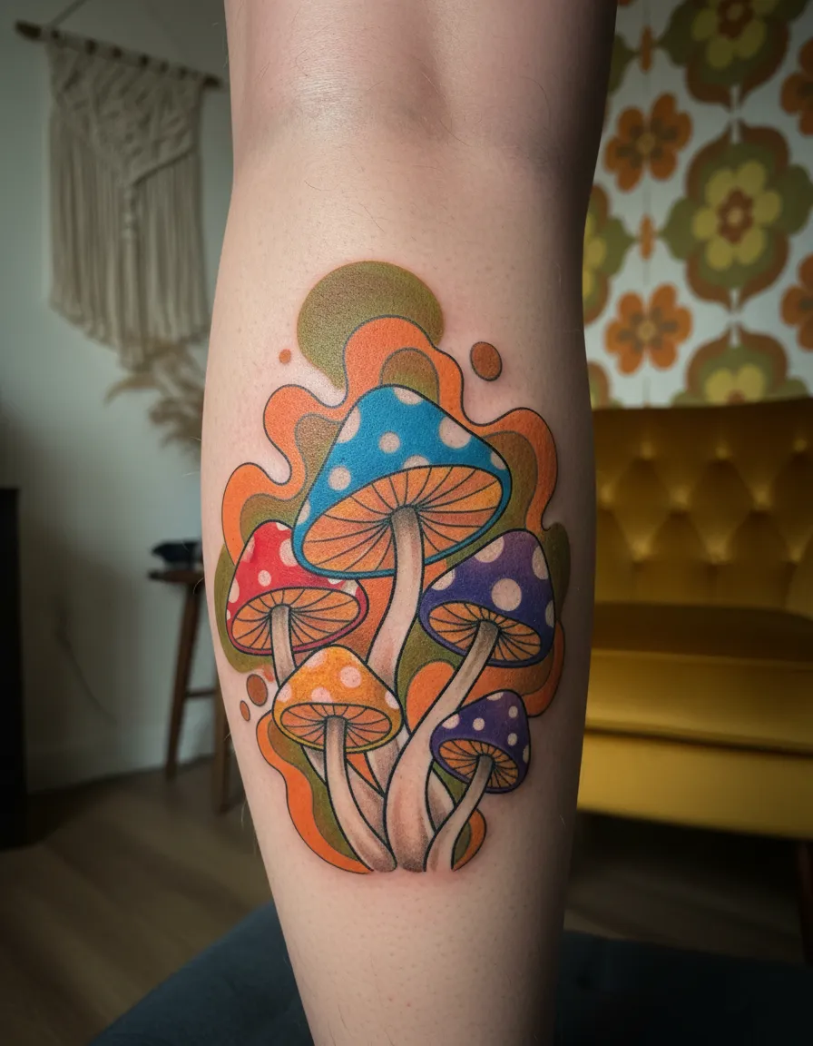 Colorful mushroom tattoo in 70s style