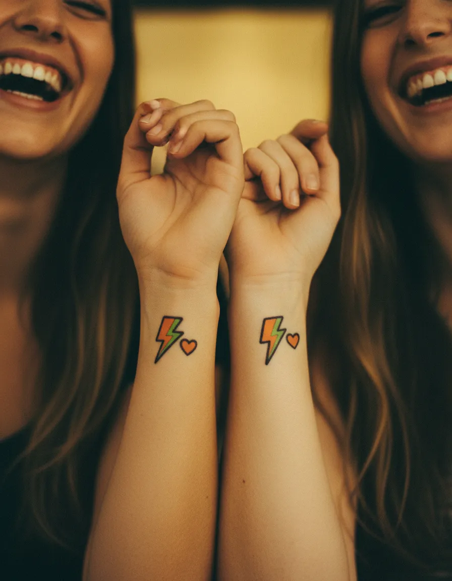 Tiny lightning bolt and heart tattoos