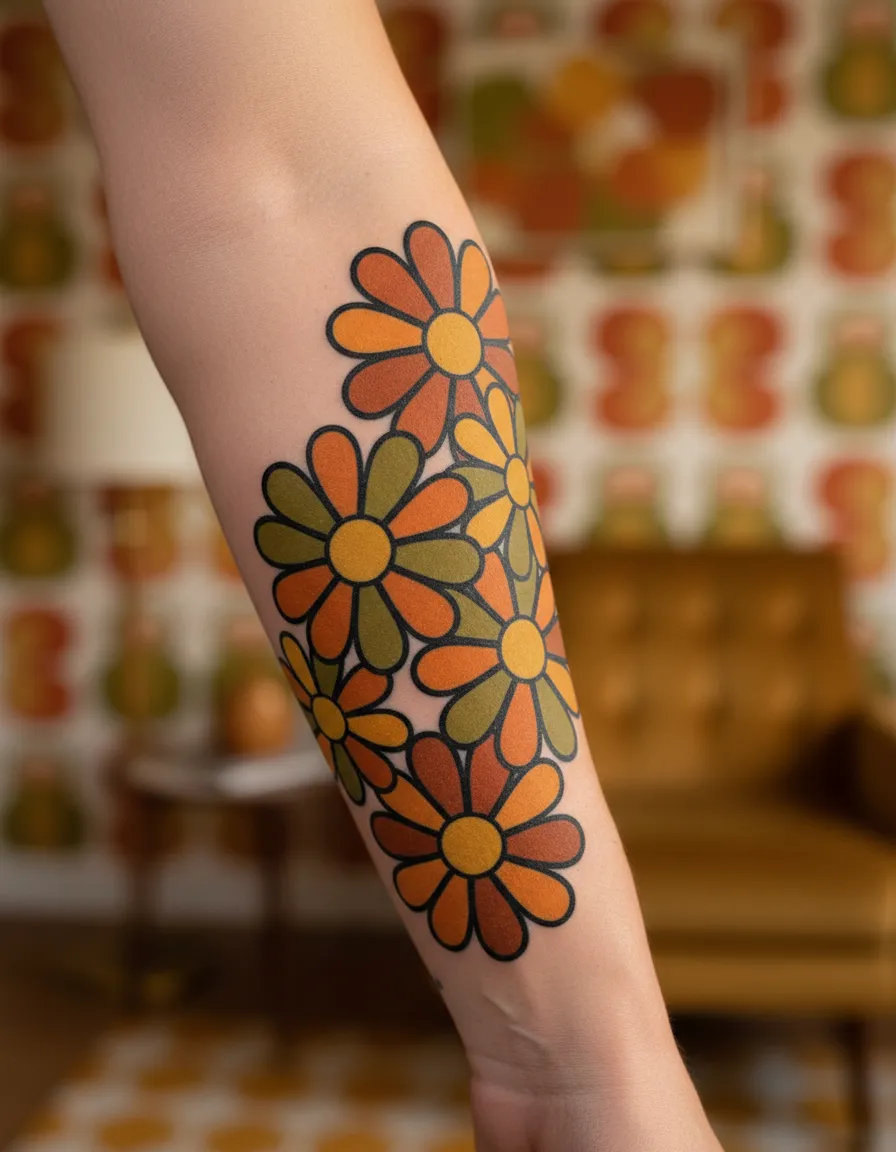 Retro flower tattoo with orange and green palette