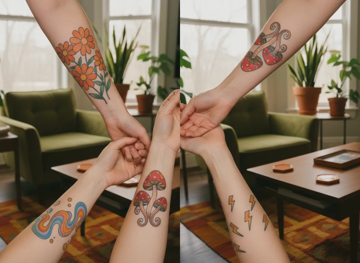 Colorful retro tattoo collage in groovy mid-century style