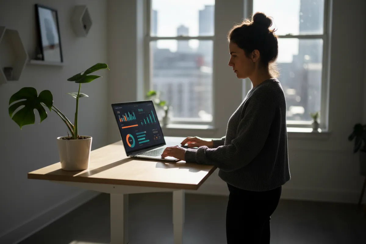 A modern small business owner working at a standing desk with laptop open to a dashboard view. Natural morning light, minimal plants, clean photorealistic style emphasizing actionable metrics and energetic entrepreneurial focus on growth.