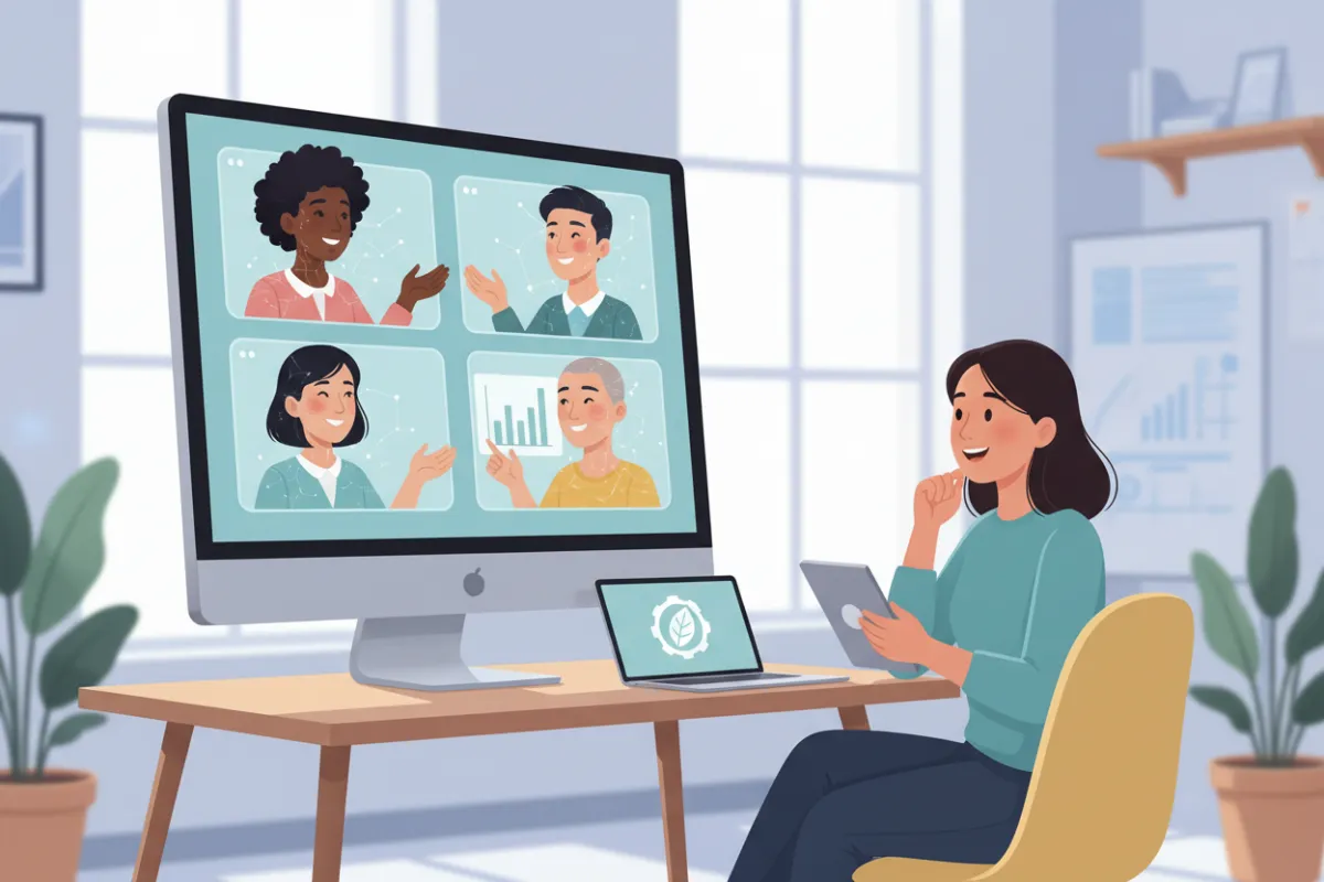 Friendly AI support team assisting a small business owner via video call, modern workspace, diverse team, clear communication, approachable and professional atmosphere.