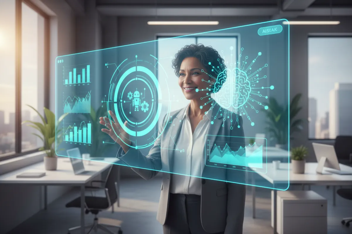 Modern AI dashboard interface with business analytics, charts, and automation icons, set in a bright, contemporary office. A diverse small business owner is interacting with the display, conveying empowerment and innovation.