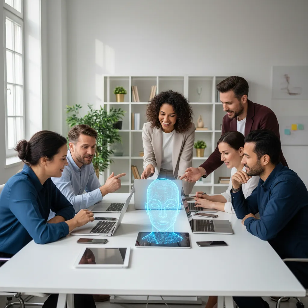 Small business team collaborating around a table with digital devices, AI assistant visible on a tablet, bright workspace, diverse group, energetic mood, modern style.