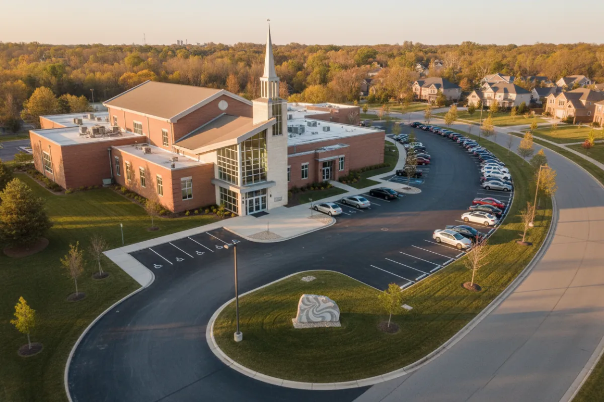 Exterior view of the community church building with visible main entrance and parking area.