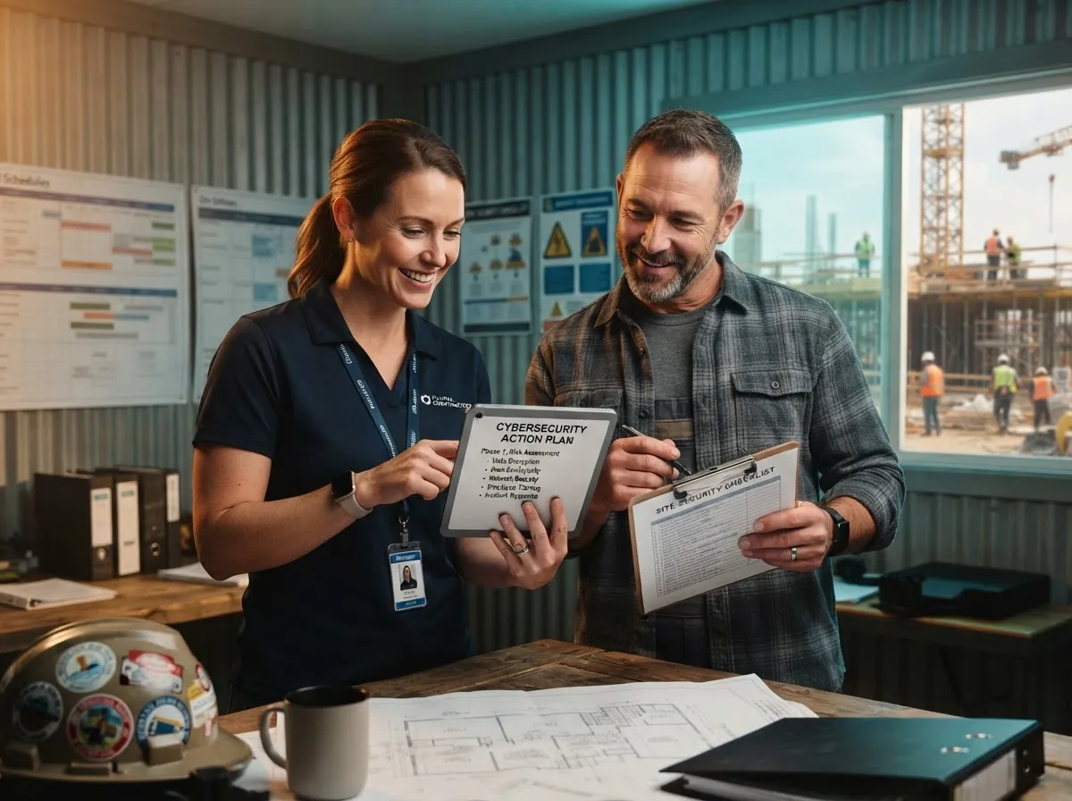 Confident construction project managers collaborating over a clear cybersecurity action plan