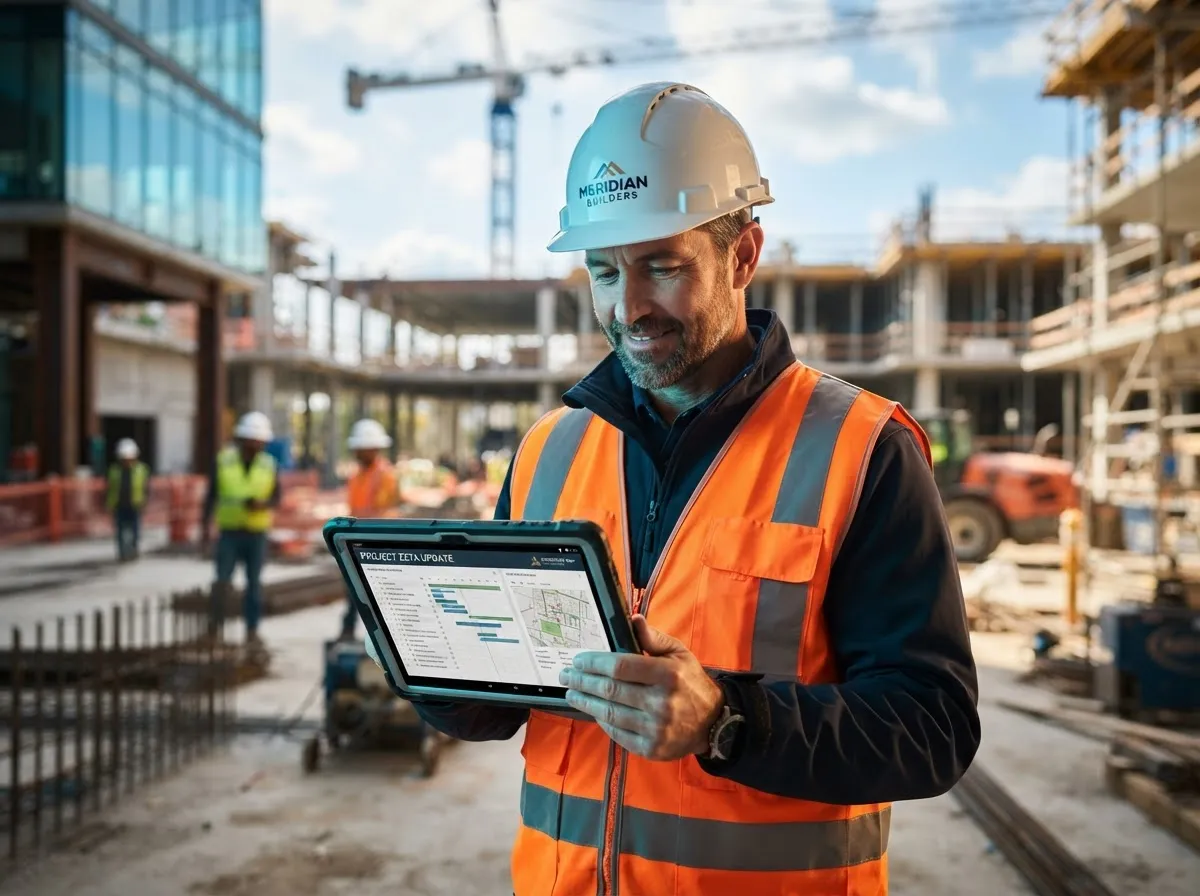 Commercial construction business owner reviewing self-assessment questions on a tablet at an active job site