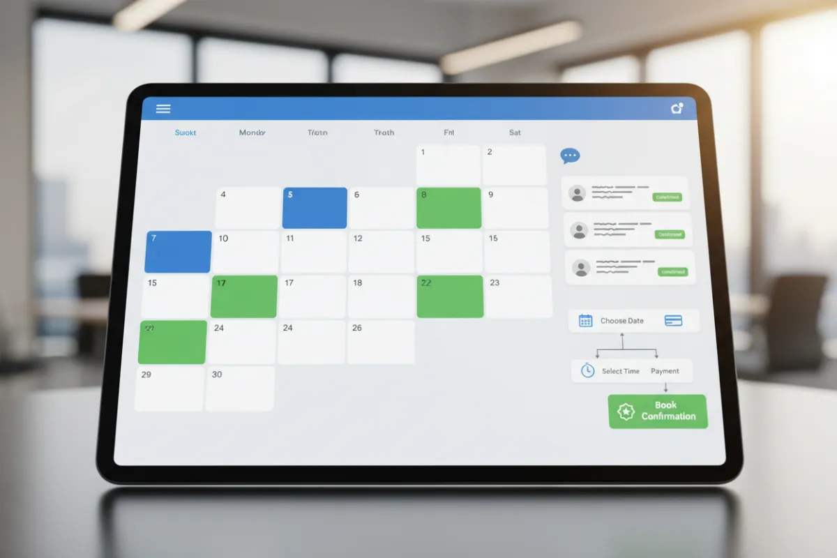 Photorealistic dashboard showing appointment calendar, automated confirmation messages, and booking flow; clear UI with highlighted booked slots and confirmation messages visible.