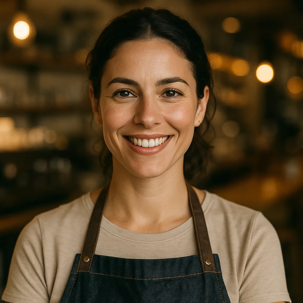 Headshot of a confident female café owner in her 30s, smiling directly at camera; warm indoor café lighting with blurred cafe background.