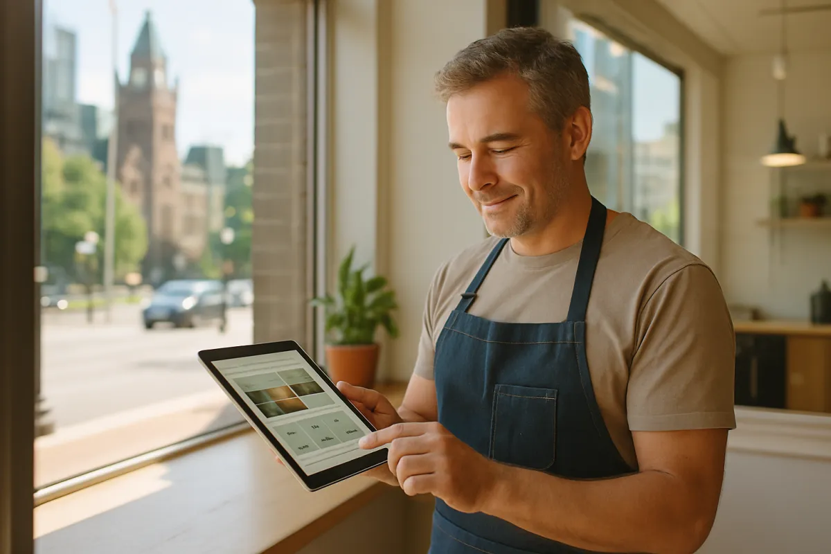 Local business owner reviewing website mockup on a tablet in a bright Ottawa workspace
