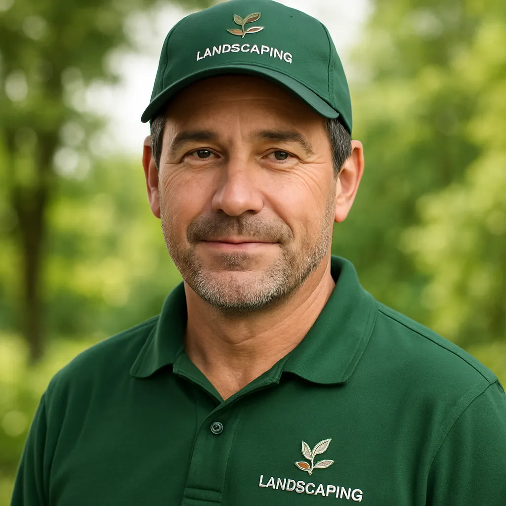 Portrait of a male landscaper in his 40s wearing a branded polo, outdoors with soft-focus greenery.