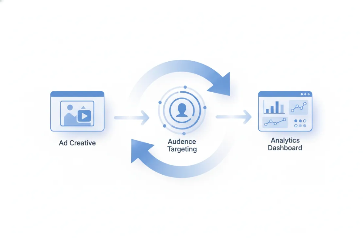 Landscape illustration of campaign flow: ad creative, audience targeting, and analytics dashboard connected by arrows; modern illustration with soft blues and subtle shadows to communicate process clarity.