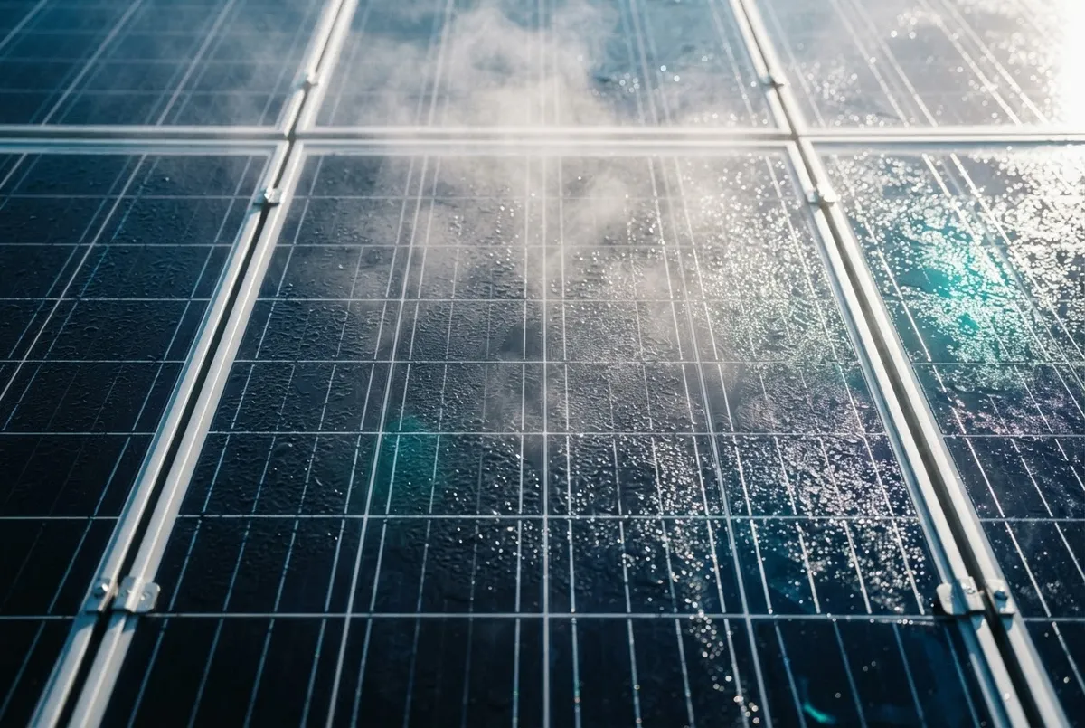 Solar panel clean water rinse maintaining maximum energy yield