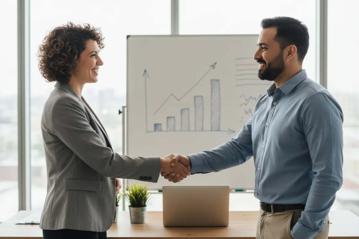 Professional marketing consultant and Latino business owner shaking hands in a modern office, both smiling. The background features a whiteboard with growth charts and a laptop, symbolizing partnership and business planning.