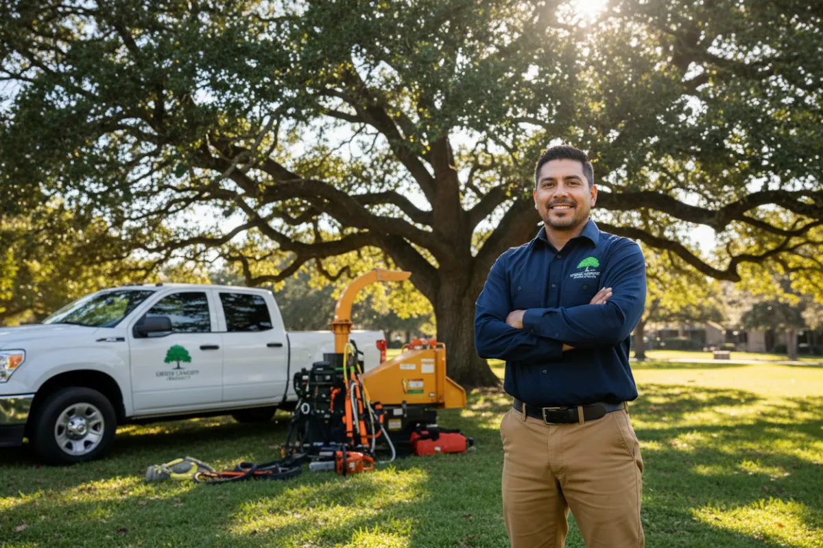 Latino tree service business owner in branded uniform, smiling confidently with arms crossed, standing in front of a large, healthy oak tree in a sunlit suburban neighborhood. The background features professional equipment and a branded truck, emphasizing expertise and trust.