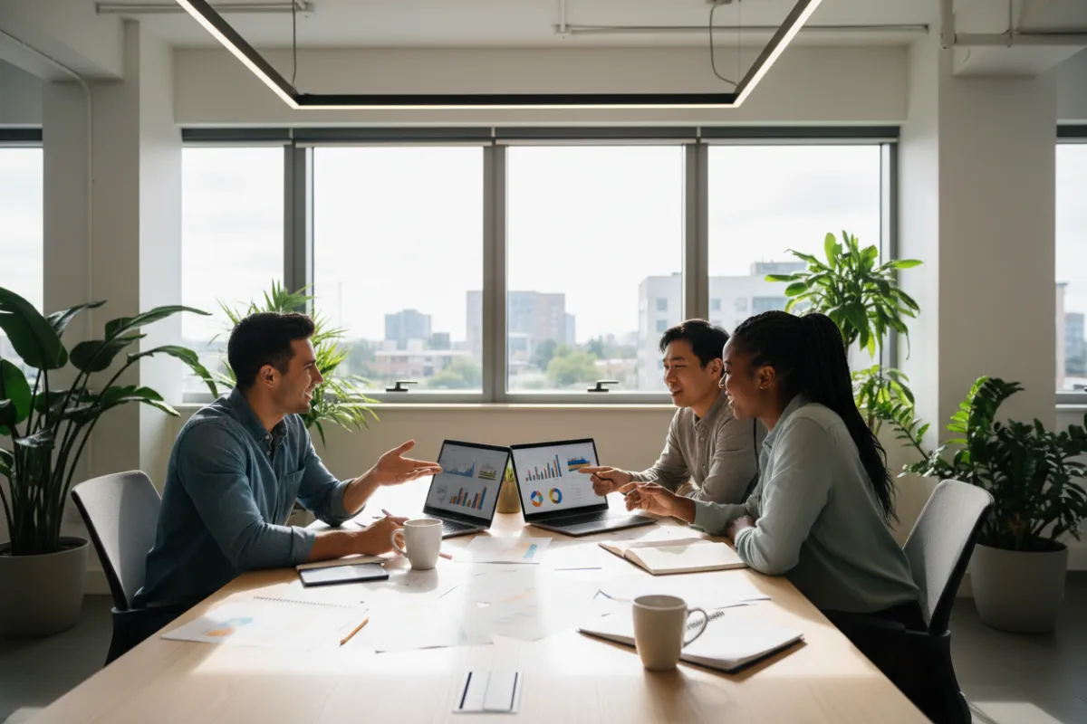 Diverse marketing team of three, including a Latino strategist, collaborating around a table with laptops and notes. The setting is a bright, modern workspace with plants and large windows, reflecting teamwork and innovation.