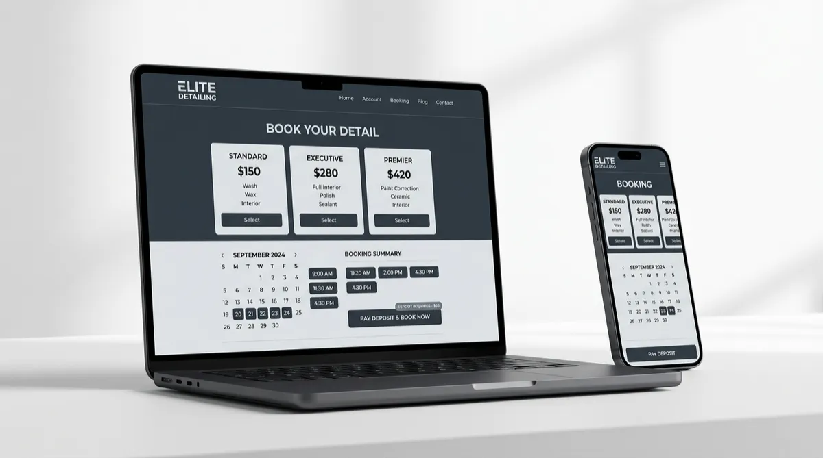 Laptop and phone mockup showing an auto detailing website booking interface