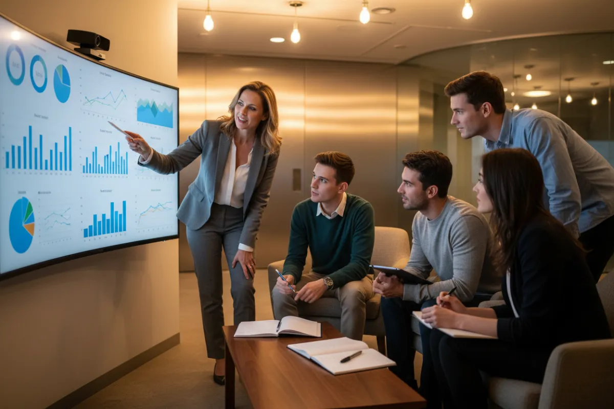 Two professionals discussing a spreadsheet on a tablet in a bright coworking space, warm afternoon light, photorealistic composition emphasizing collaboration and practical training.