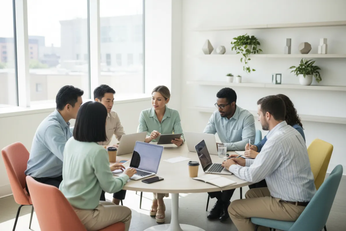 Minimal flat illustration of a diverse group of business professionals collaborating around a large open vault filled with books, digital tablets, and charts. Soft pastel palette, clean background, classic style, 3:2 aspect.