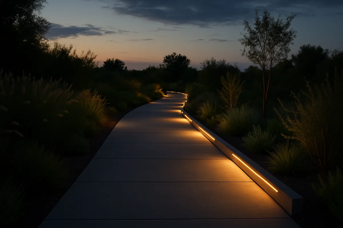 Modern pathway at dusk with lighting and native vegetation